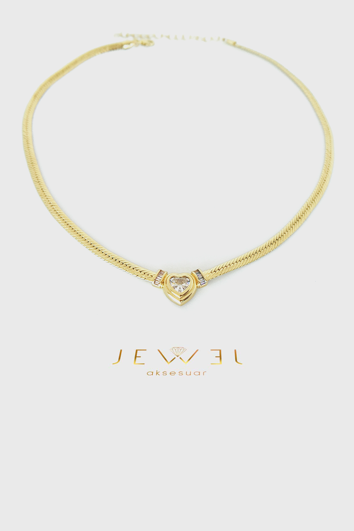 Taş Detaylı Kalpli Ezme Zincir Gold Kolye