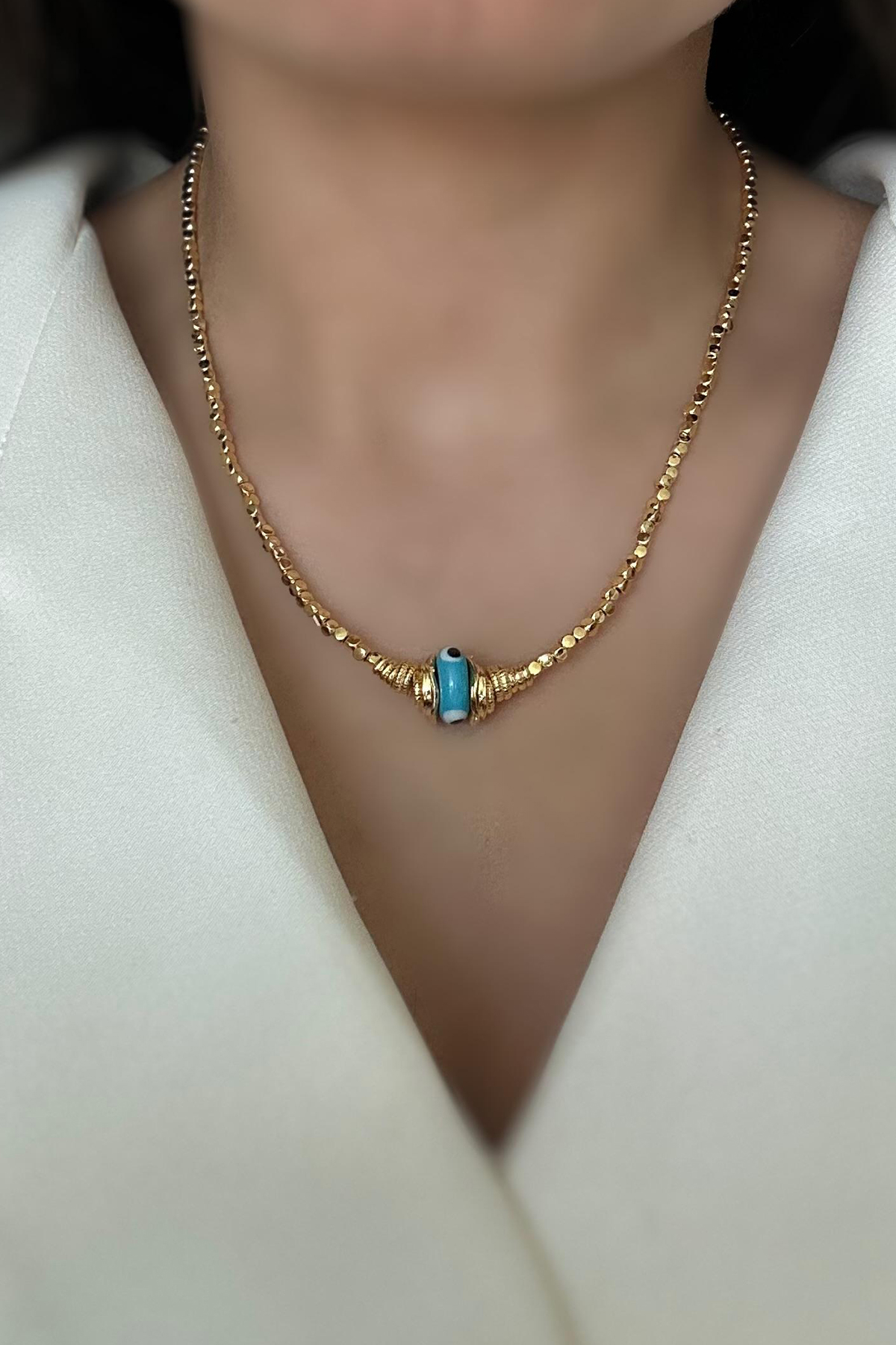 Tek Nazar Boncuk Detaylı Gold Kolye