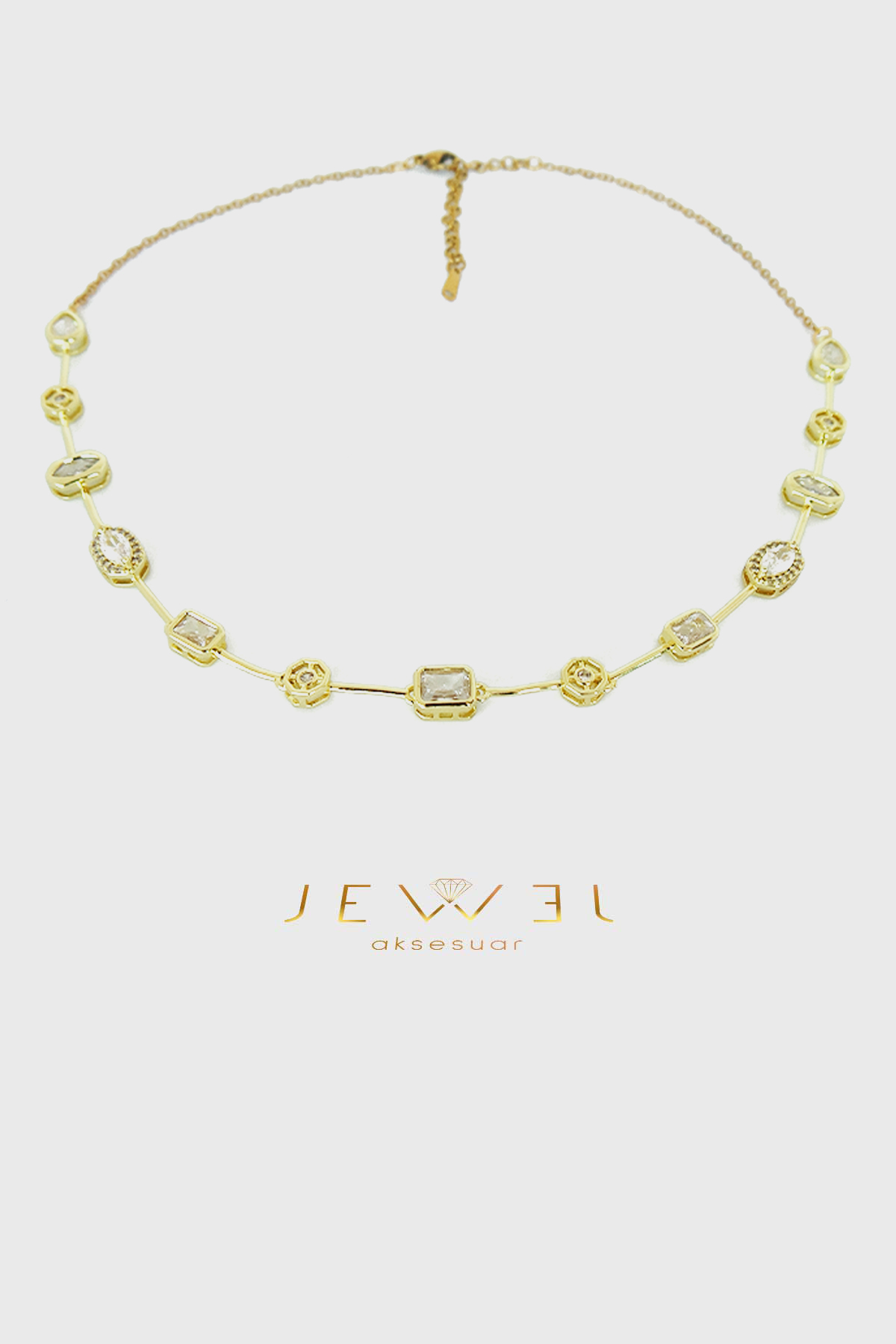 Geometrik Taş Detaylı Gold Kolye