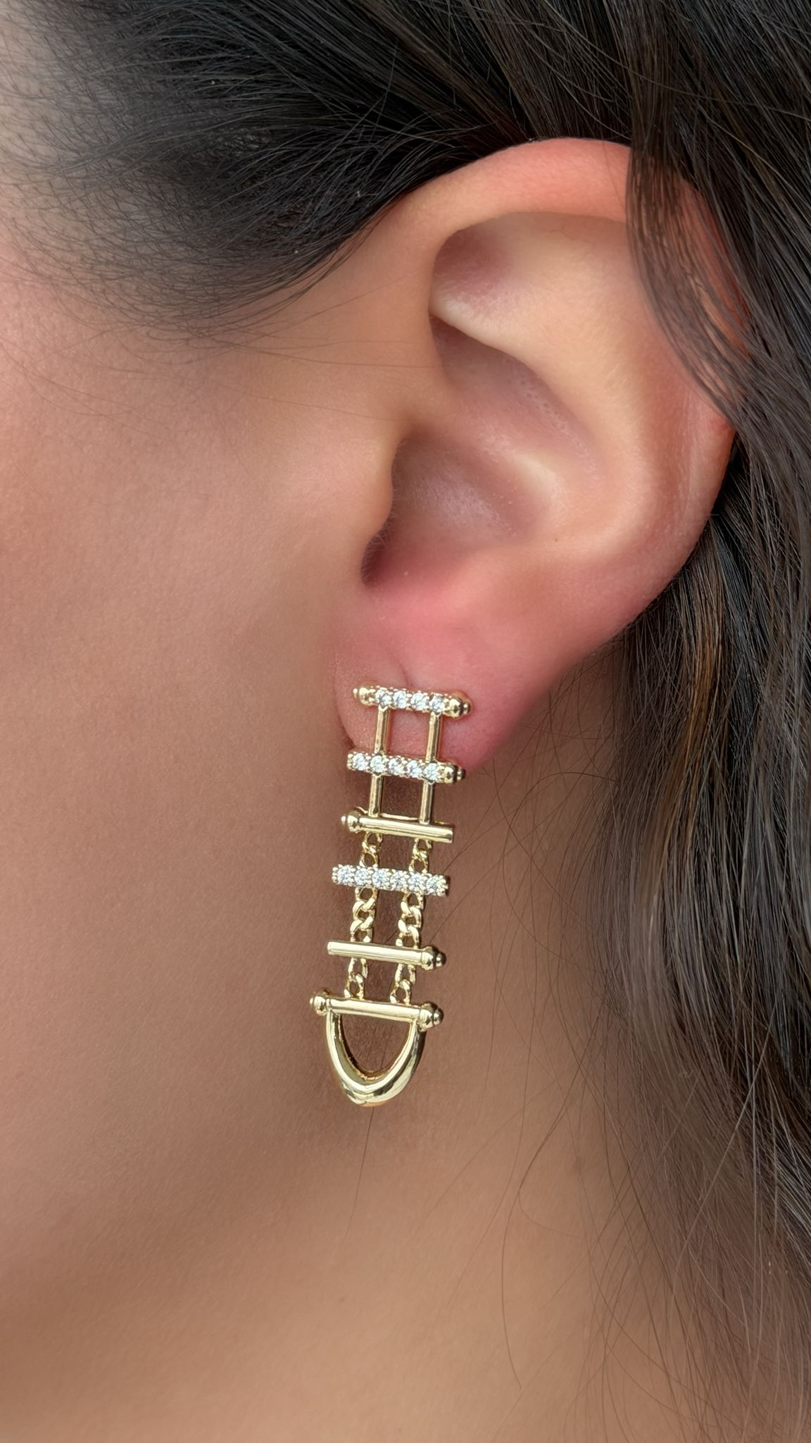 Taşlı Merdiven Gold Küpe