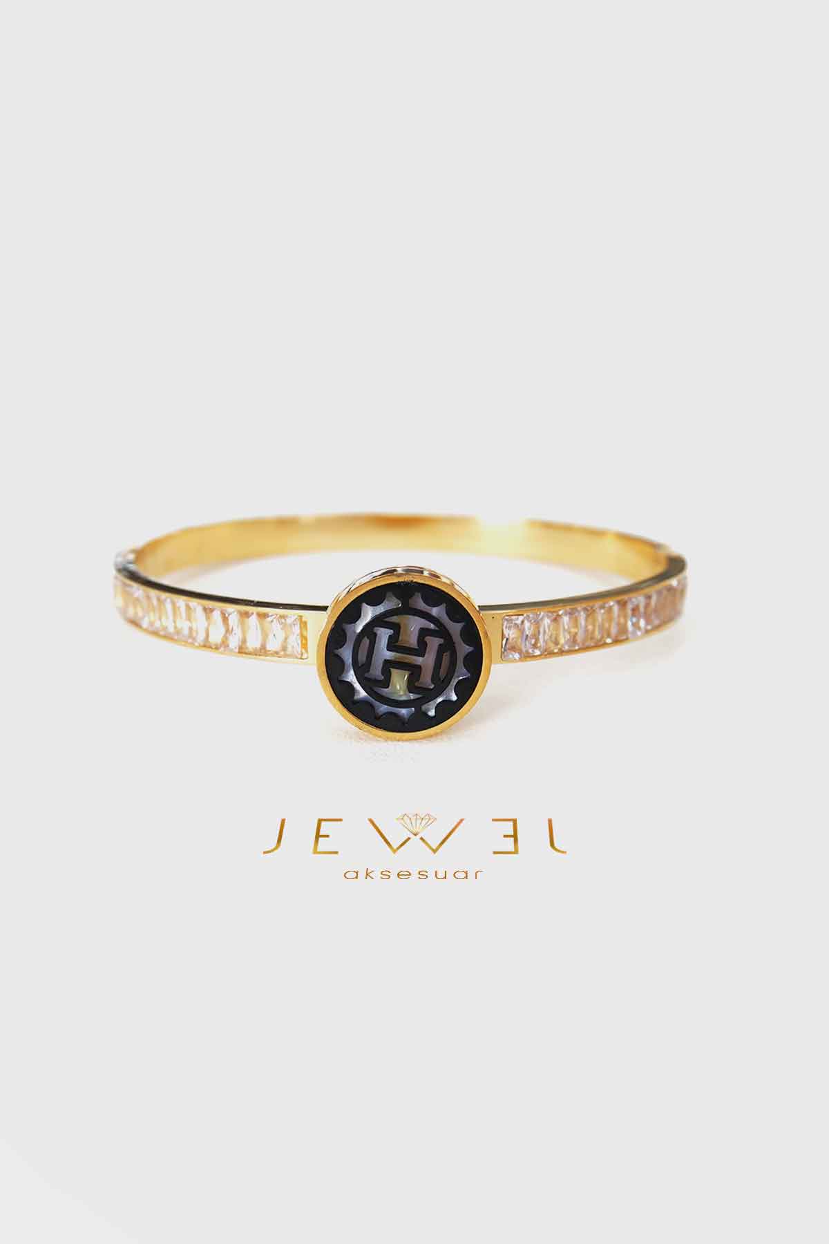 Büyük Pırlanta Taşlı H Model Gold Altın Kaplama Bileklik
