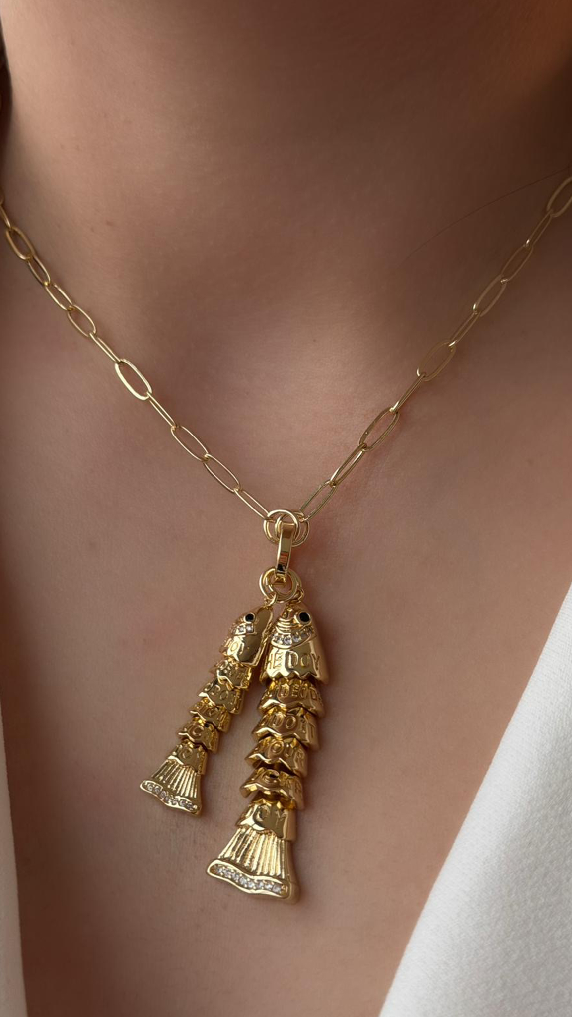 Çift Balık Detaylı Uzun Zincir Gold Kolye