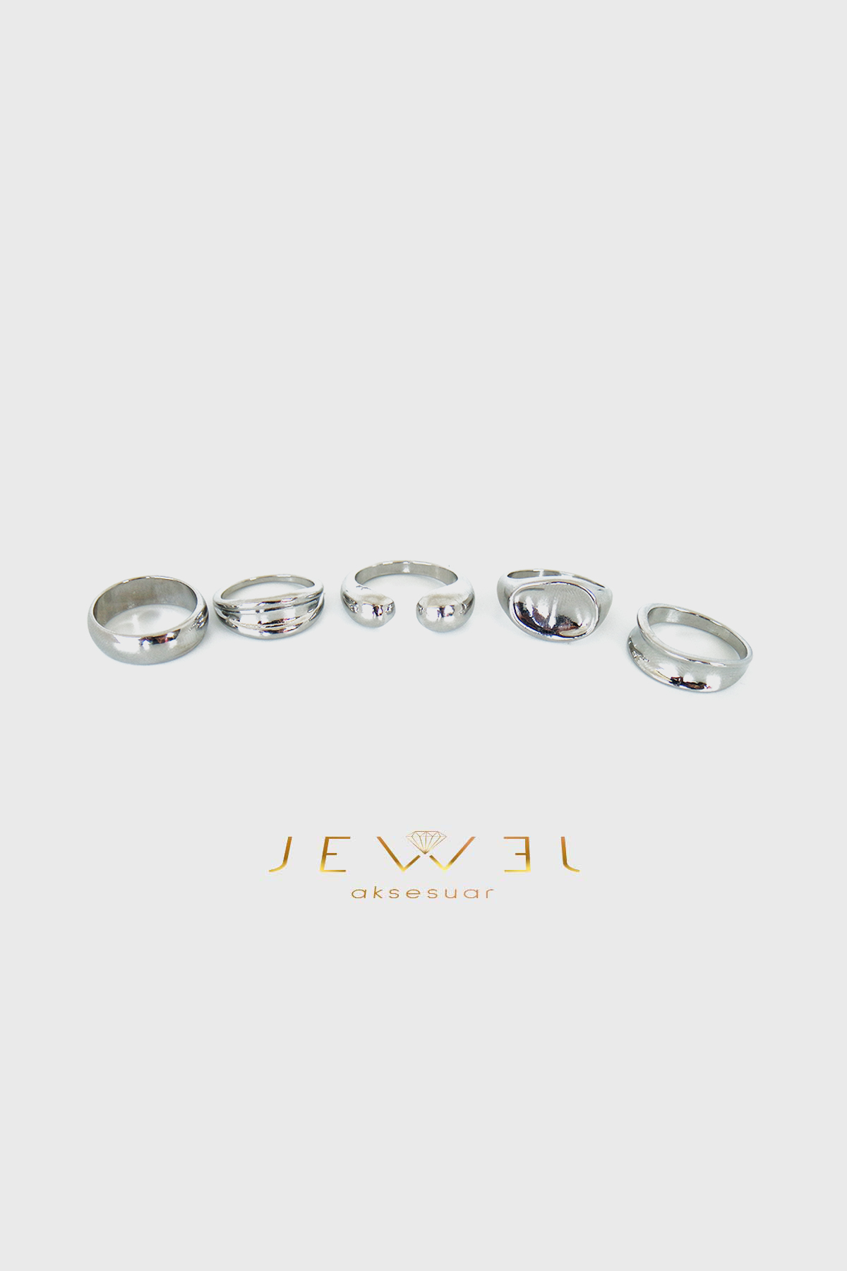 Zilva Sade Modern Detaylı 5'li Silver Yüzük