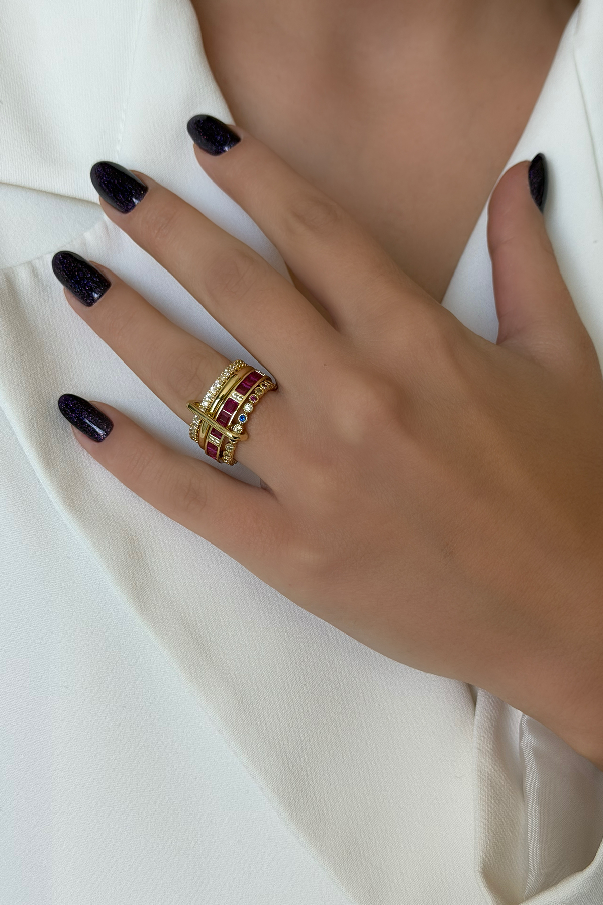 Dörtlü Ayrılabilir Klipsli Mor,Beyaz Taşlı Yüzük