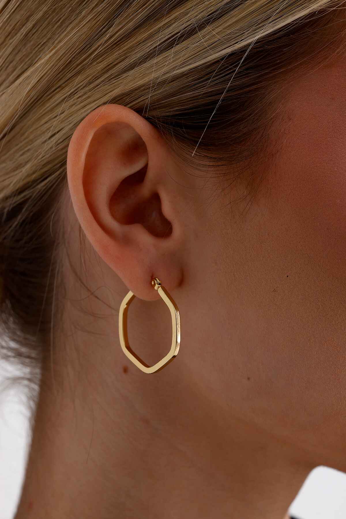 Altıgen Düz Gold Altın Kaplama Küpe
