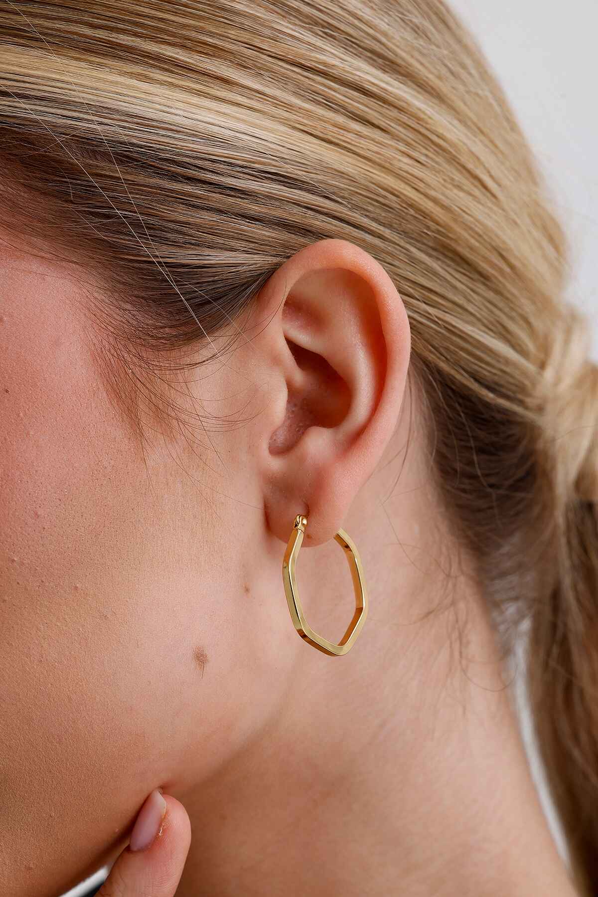 Altıgen Düz Gold Altın Kaplama Küpe