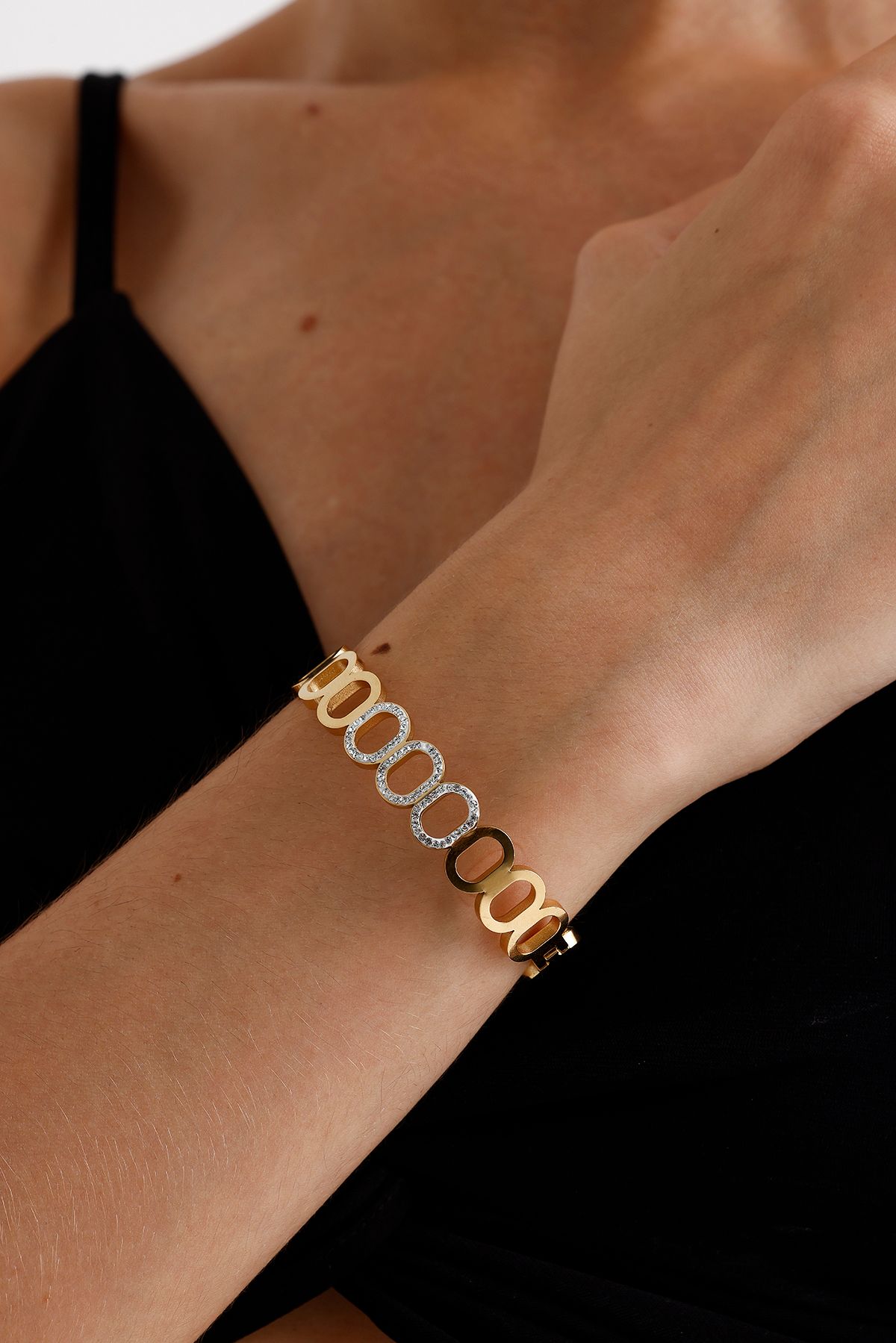 Oval Taşlı Gold Altın Kaplama Bileklik
