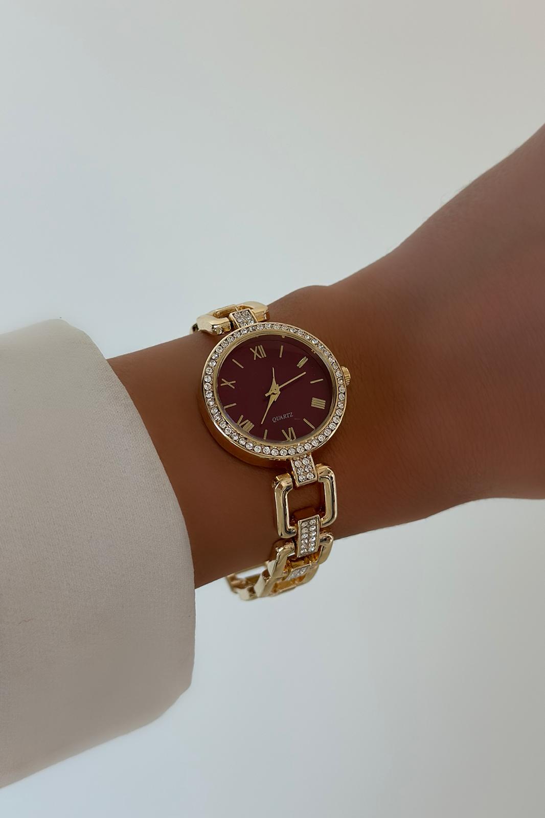 Bordo Kadranlı Gold Saat