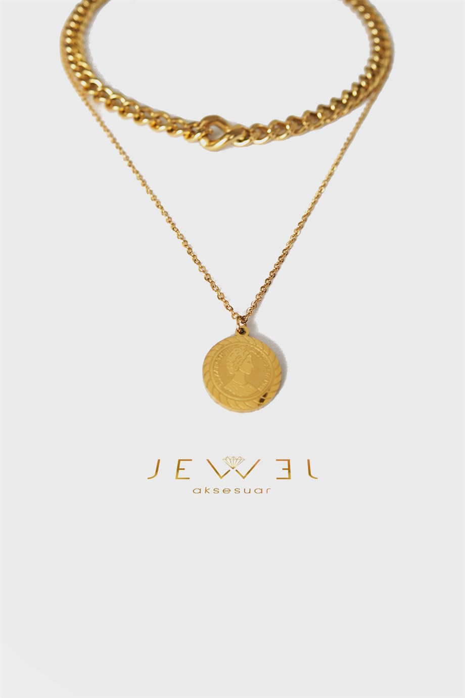 Kalın Zincir Sarkıt Elizabeth Gold Altın Kaplama Kolye