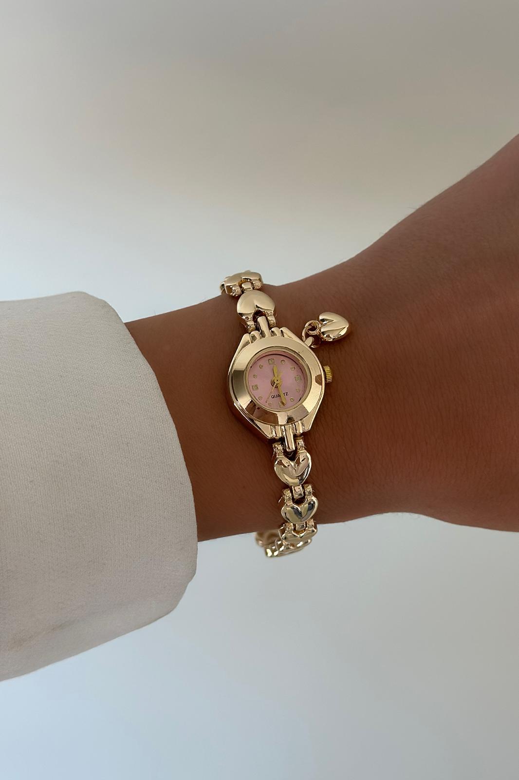 Pembe Kalp Detaylı Gold Saat