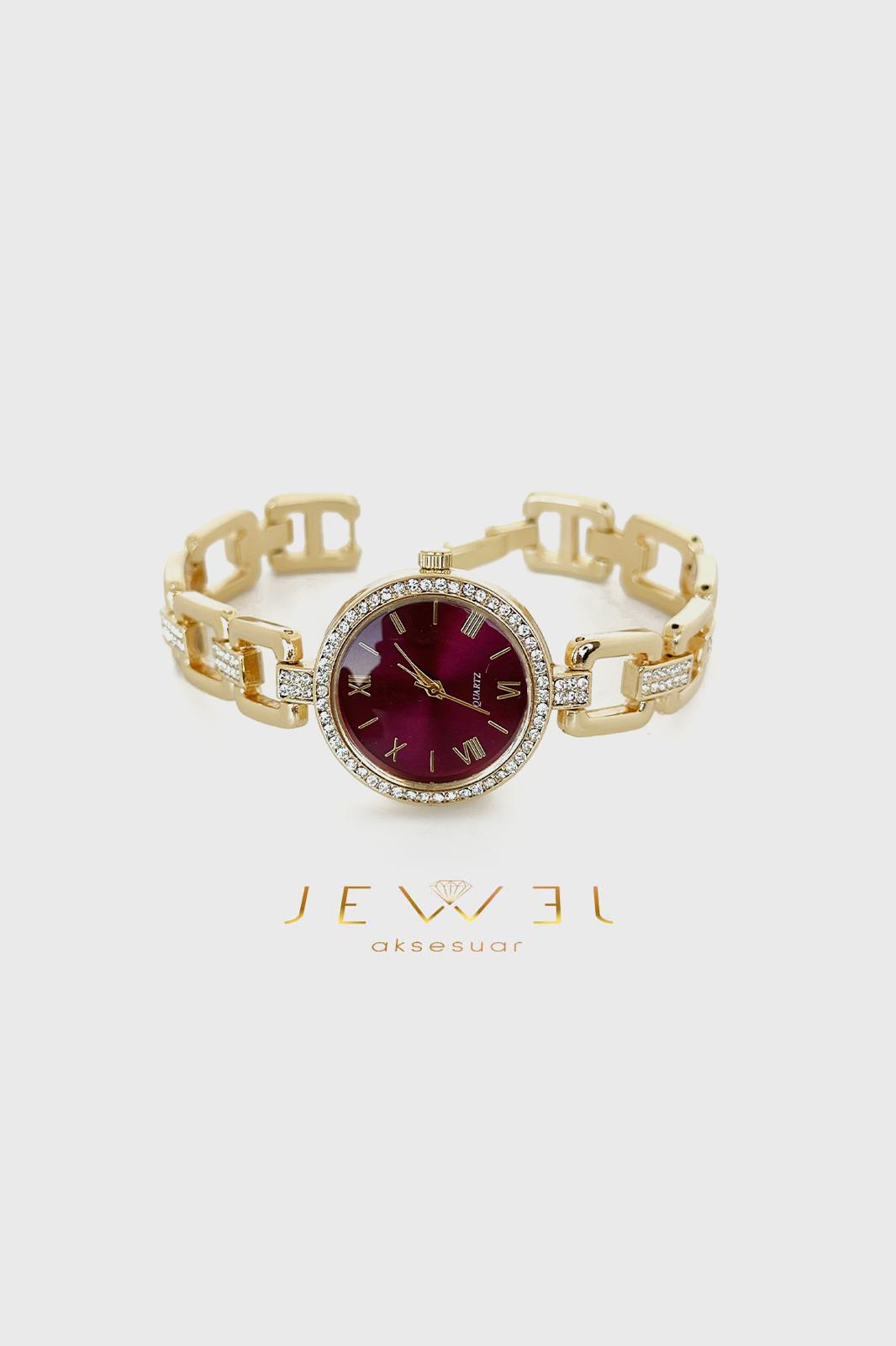Bordo Kadranlı Gold Saat