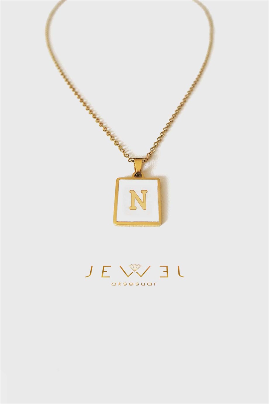 N Harfi Kare Gold Altın Kaplama Kolye