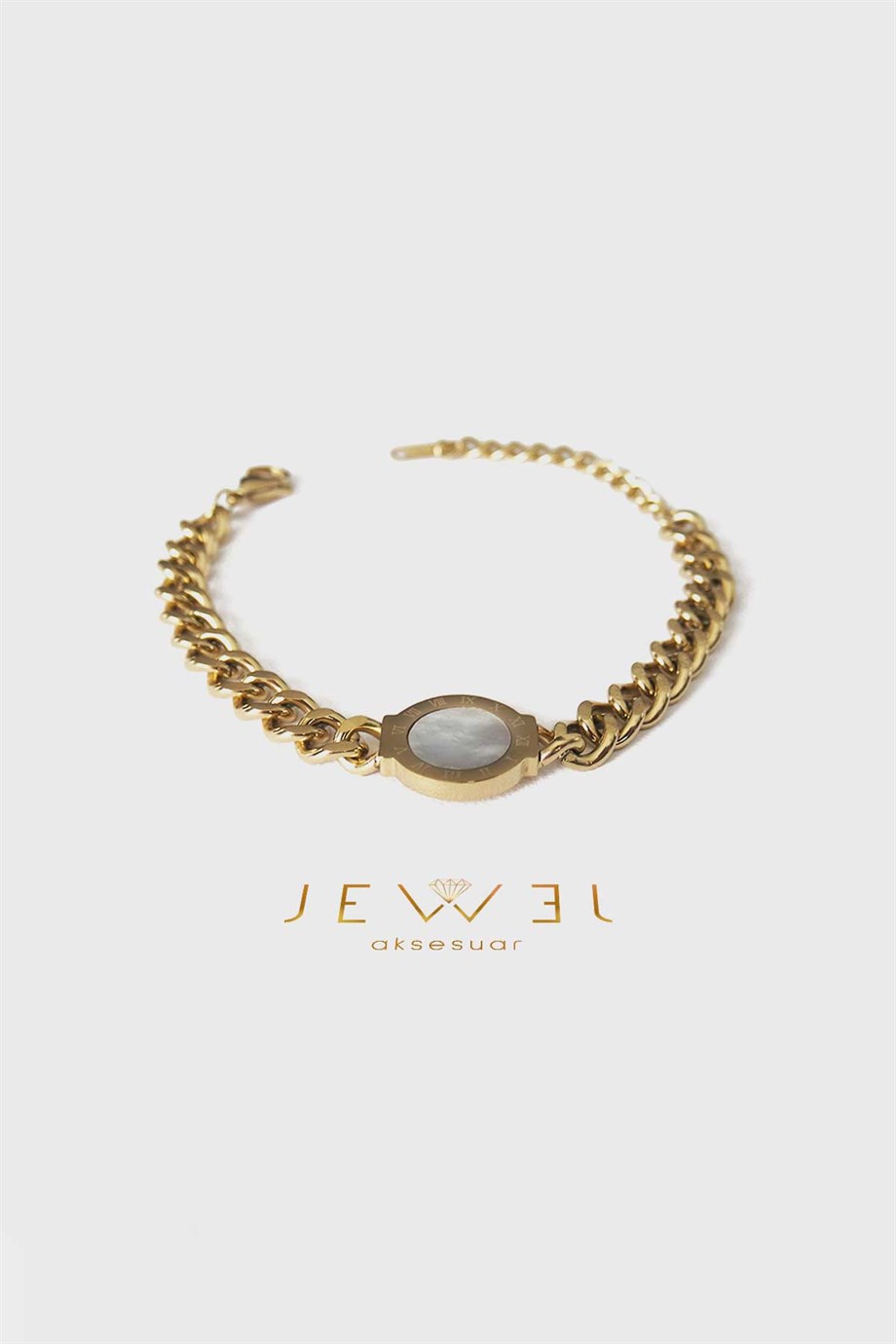 Roma Rakamlı Beyaz Taş Gold Altın Kaplama Bileklik