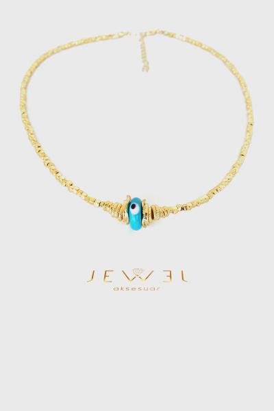 Tek Nazar Boncuk Detaylı Gold Kolye