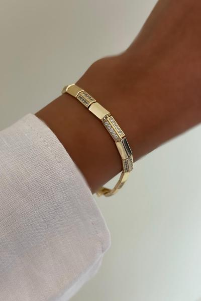 Perla Işıltı Kesik Detaylı Gold Bileklik