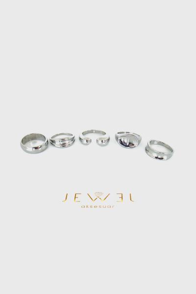 Zilva Sade Modern Detaylı 5'li Silver Yüzük