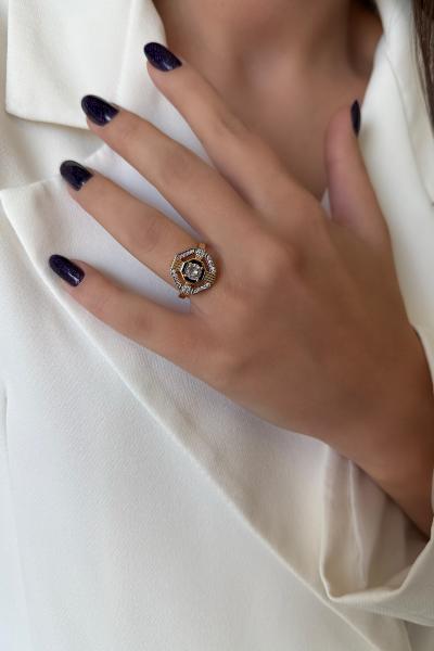 Gold,Gümüş Detaylı Taşlı Yüzük