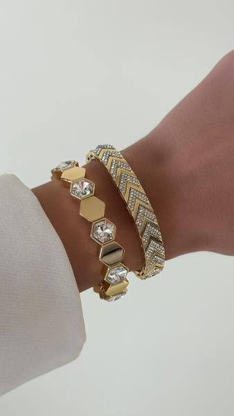 Altıgen Taşlı Lastik Detaylı Gold Bileklik