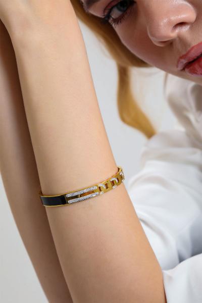 Siyah Şerit Model Gold Altın Kaplama Bileklik