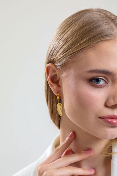 Büyük Düz Yaprak Gold Altın Kaplama Küpe