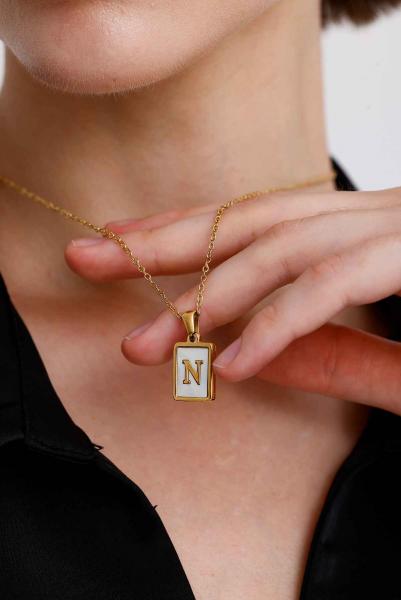 N Harfi Kare Gold Altın Kaplama Kolye