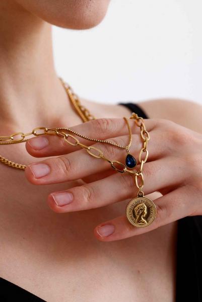 Üç Zincir Mavi Taşlı Elizabeth Gold Altın Kaplama Kolye