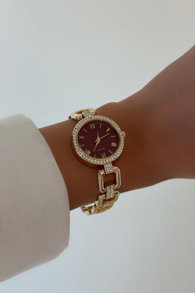 Bordo Kadranlı Gold Saat