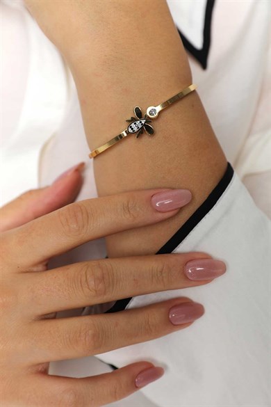 Tek Taşlı Arı Gold Altın Kaplama Bileklik